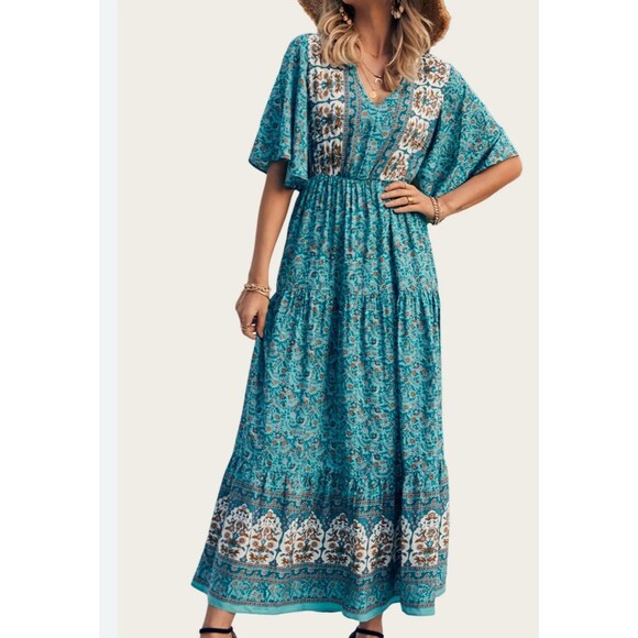 Pretty garden Boho Blue Orange Ditzy Flower Maxi  Dress Size Large Prairie Boho - Picture 1 of 11